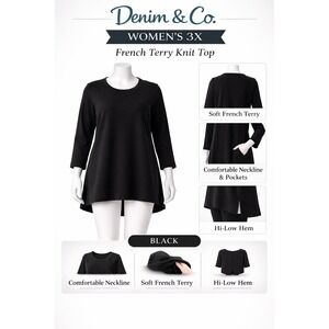 Denim & Co Womens 3X French Terry Knit Top Black 3/4 Sleeve Hi-Low Hem A230903